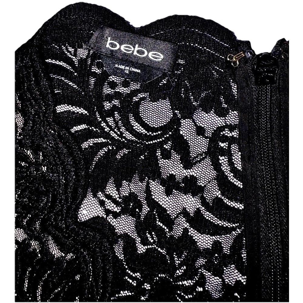 Y2K Bebe XL Blk ivory lace overlay deep vneck scallop top dress Evening Siren - Picture 2 of 13
